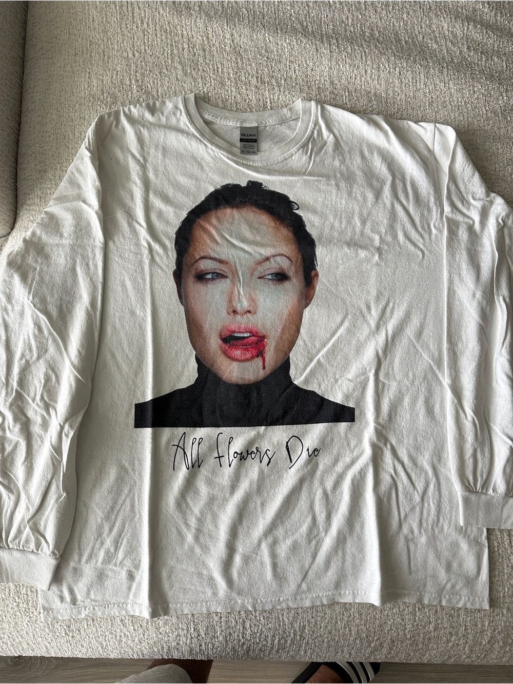 All Flowers Die by MDMA  Graphic Long-Sleeve Tee with Angelina Jolie Lip Detail